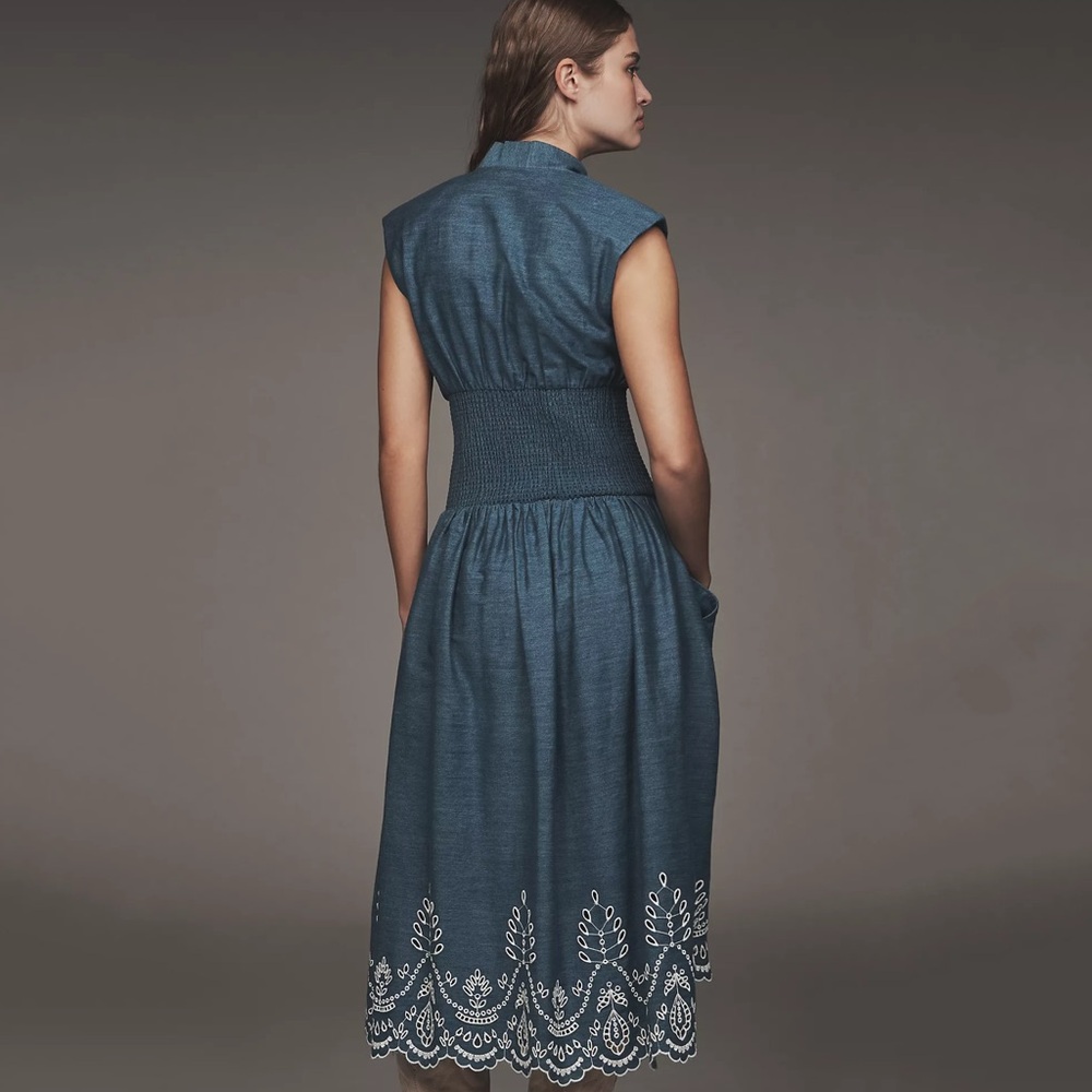 NWT Anthropologie Tommie Denim Chambray Zip Eyelet Embroidered Trim Dress Medium - Picture 4 of 6
